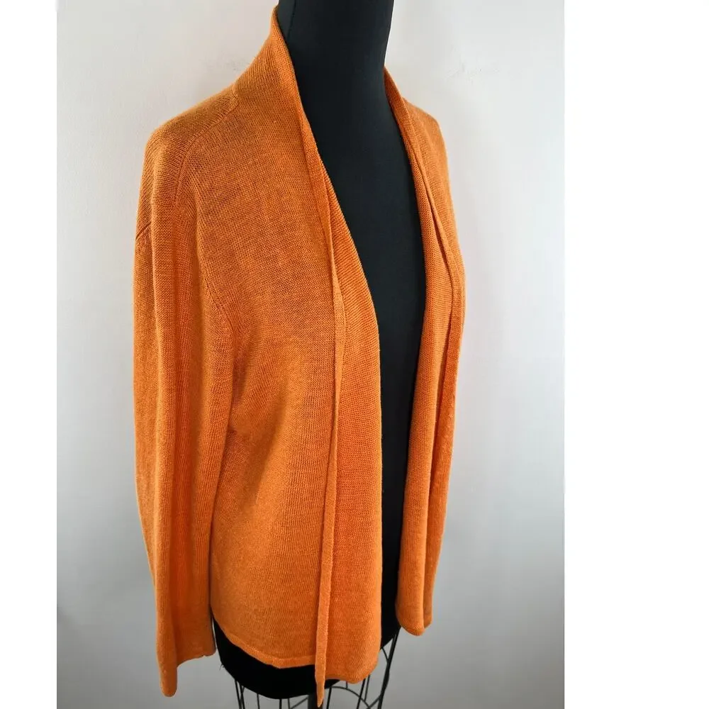 Eileen Fisher Orange Linen Knit Open Front Long Sleeve Cardigan Sweater Large L